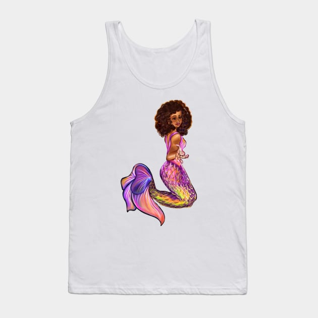 Mermaid  with rainbow coloured colored fins, outstretched  arm, brown eyes, Curly hair  and caramel brown skin - light background Tank Top by Artonmytee